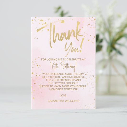 Elegant Blush Pink & Gold Sweet 16 Thank You Card サンキューカード (スタンド正面)