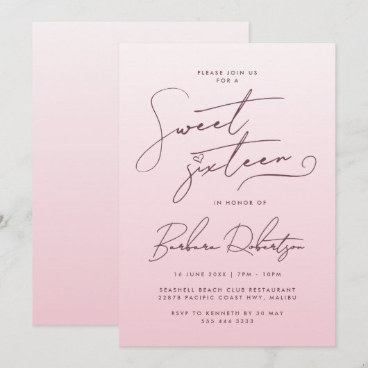 Elegant Blush Pink Gradient Script Sweet Sixteen 招待状 (正面/裏面)