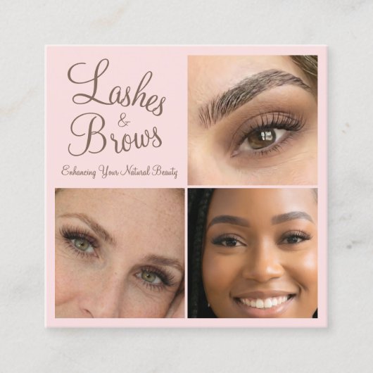 Elegant Blush Pink Mocha Script 3 Photo Lashes スクエア名刺 (正面)