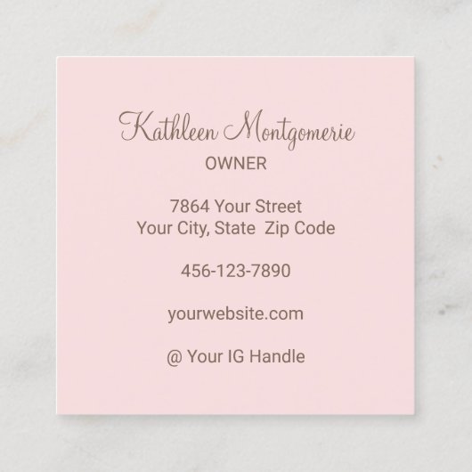 Elegant Blush Pink Mocha Script 3 Photo Lashes スクエア名刺 (裏面)