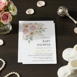 Elegant Blush Pink & Neutral Floral Baby Shower  招待状