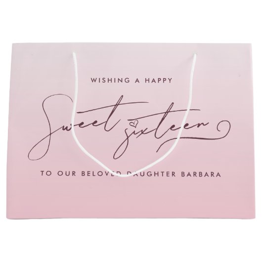 Elegant Blush Pink Ombre Script Sweet Sixteen  ラージペーパーバッグ (正面)