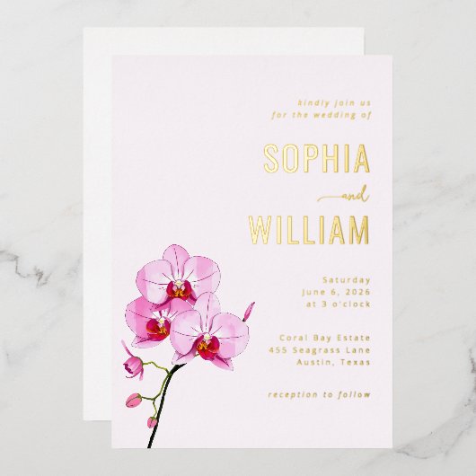 Elegant Blush Pink Orchid Wedding Invitation 箔招待状 (正面/裏面)