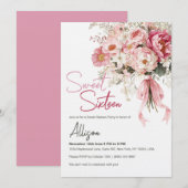 Elegant Blush Pink Peony Floral Sweet Sixteen 招待状 (正面/裏面)