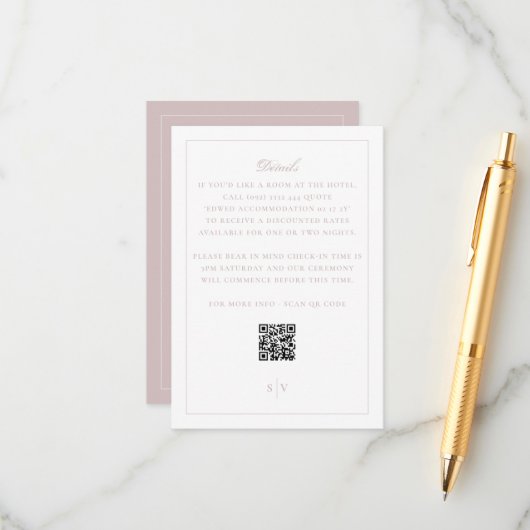 Elegant Blush Pink QR Code Wedding Details エンクロージャーカード (正面/裏面インサイチュ)