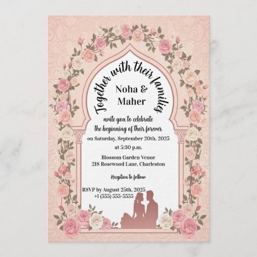 Elegant Blush Pink Rose Arch Photo Wedding  招待状 (正面)