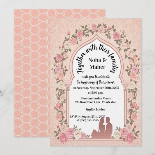 Elegant Blush Pink Rose Arch Photo Wedding  招待状 (正面/裏面)
