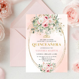 Elegant Blush Pink Rose Gold Quinceañera Invite 招待状