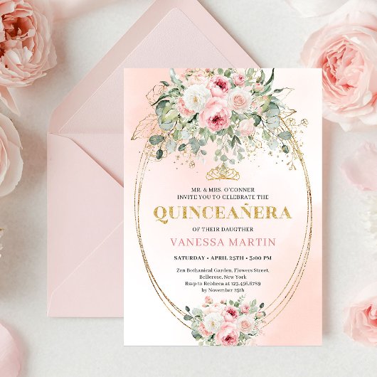 Elegant Blush Pink Rose Gold Quinceañera Invite 招待状