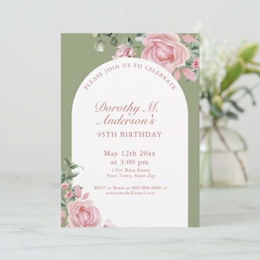 Elegant Blush Pink Roses 95th Birthday Party  招待状 (スタンド正面)