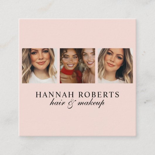 Elegant Blush Pink Script 3 Photo Hair Makeup スクエア名刺 (正面)