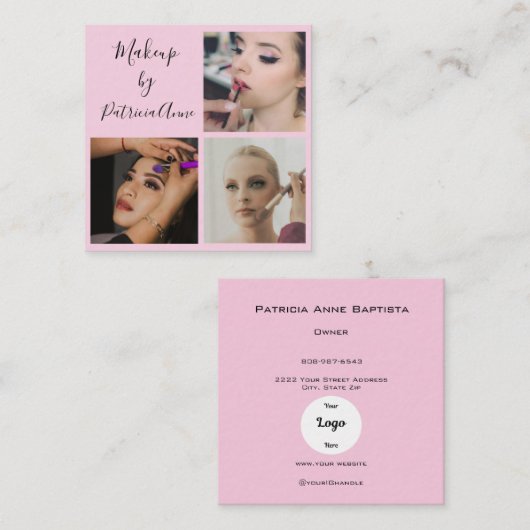 Elegant Blush Pink Script Photo Logo Makeup スクエア名刺 (正面/裏面)