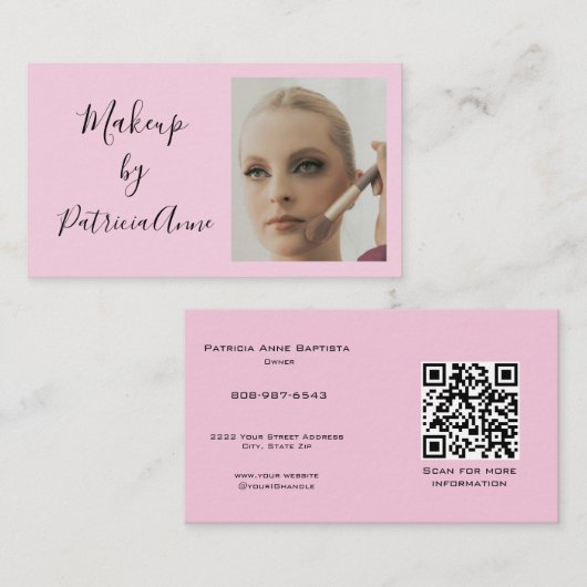 Elegant Blush Pink Script Photo QR Code Makeup 名刺 (正面/裏面)
