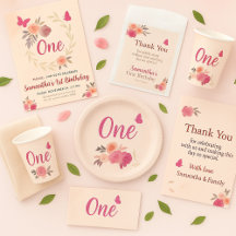 Elegant Blush Pink Watercolor Floral 1st Birthday 