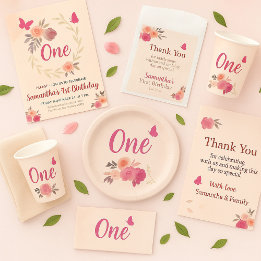 Elegant Blush Pink Watercolor Floral 1st Birthday  招待状