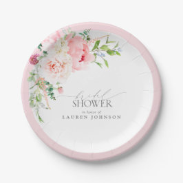 Elegant Blush Pink Watercolor Floral Bridal Shower ペーパープレート
