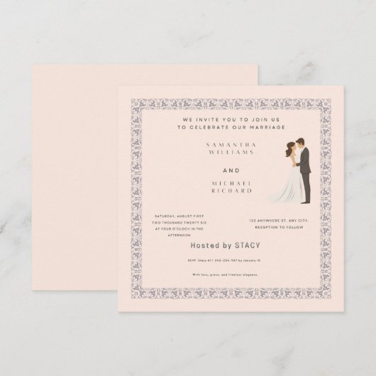 Elegant Blush Pink Wedding Invitation - Customizab 招待状 (正面/裏面)