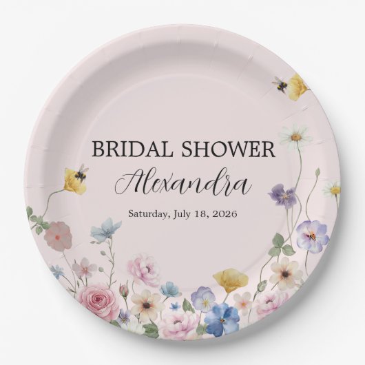Elegant Blush Pink Wildflower Bridal Shower ペーパープレート (正面)