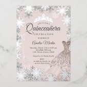 Elegant Blush Pink Winter Snowflake Quinceanera 箔招待状 (正面)