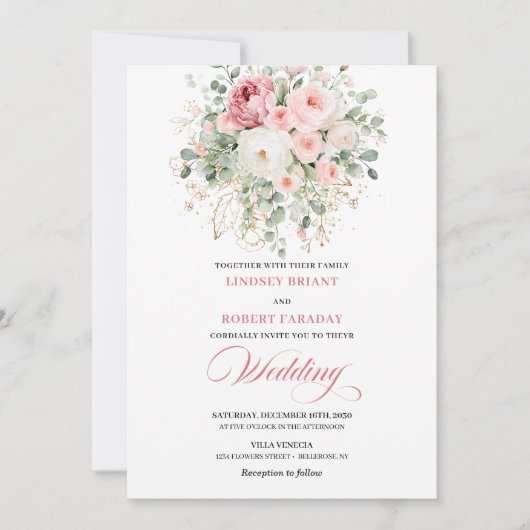 Elegant Blush Rose Boho Floral Wedding Invitation 招待状 (正面)