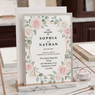 Elegant Blush Rose & Geometric Gold Wedding Invite 招待状