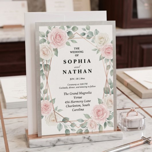 Elegant Blush Rose & Geometric Gold Wedding Invite 招待状
