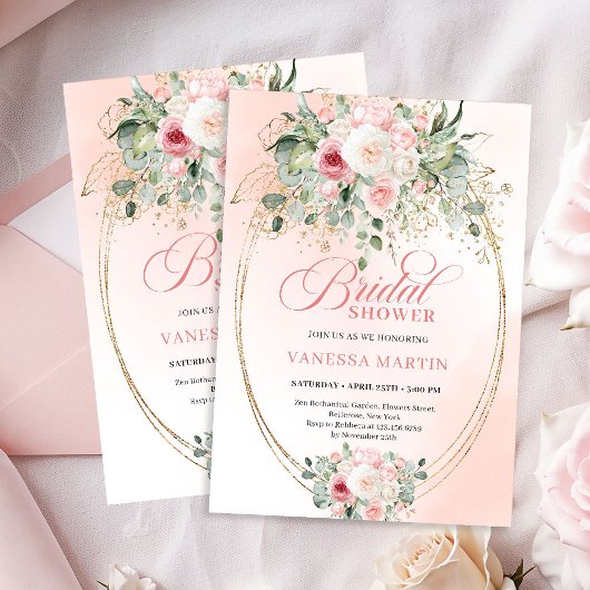 Elegant Blush Rose Gold Bridal Shower Invitation 招待状