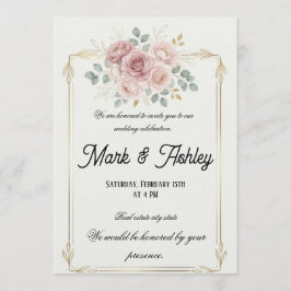 Elegant Blush Rose & Gold Frame Wedding Invitation 招待状