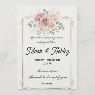 Elegant Blush Rose & Gold Frame Wedding Invitation 招待状