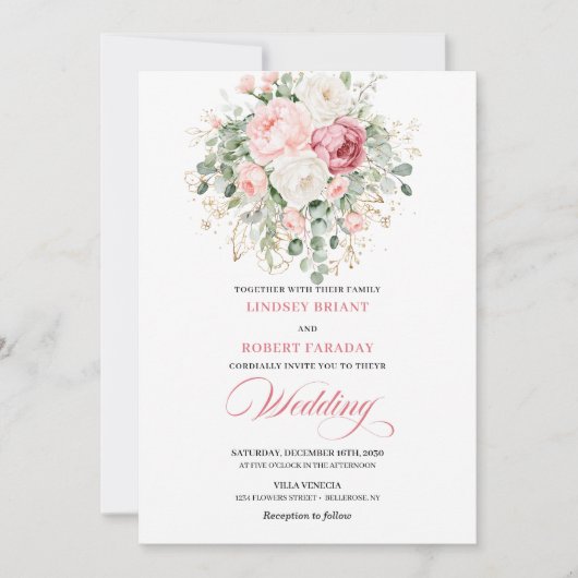 Elegant Blush Rose Gold Glitter Wedding Invitation 招待状 (正面)
