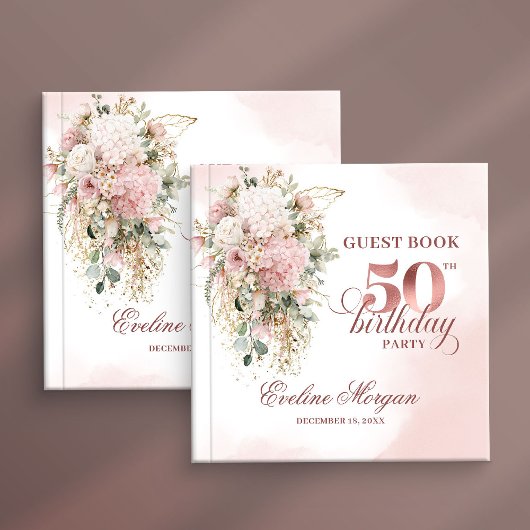 Elegant Blush Rose Gold Greenery 50th Guest Book ゲストブック
