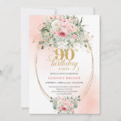 Elegant Blush Rose Greenery Gold 90th Birthday  招待状 (正面)