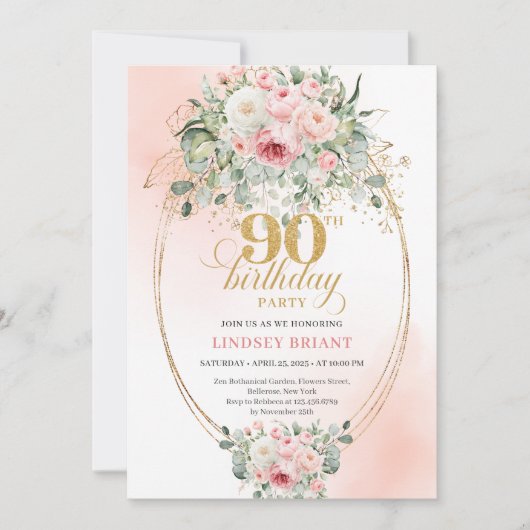 Elegant Blush Rose Greenery Gold 90th Birthday  招待状 (正面)