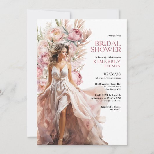 Elegant Blush Roses Boho Floral Bridal Shower 招待状 (正面)