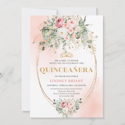 Elegant Blush Roses Boho Quinceañera Gold Invitati 招待状 (正面)