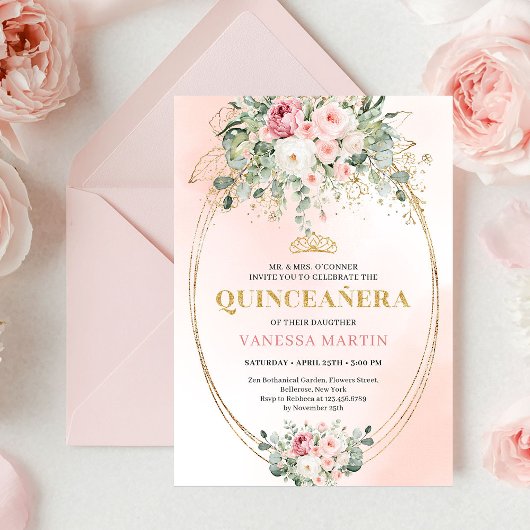 Elegant Blush Roses Boho Quinceañera Gold Invitati 招待状