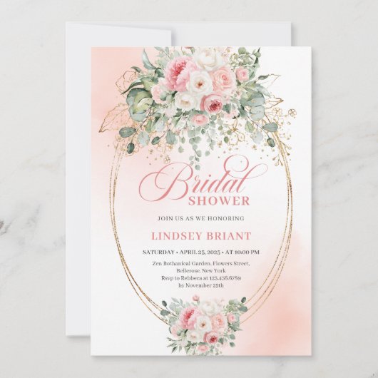 Elegant Blush Roses Bridal Shower Gold Invitation 招待状 (正面)