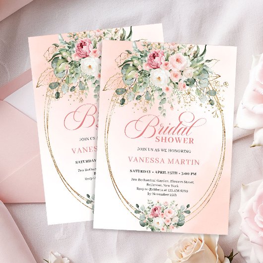 Elegant Blush Roses Bridal Shower Gold Invitation 招待状
