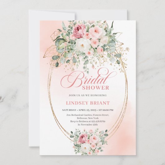 Elegant Blush Roses Bridal Shower Gold Invitation 招待状 (正面)