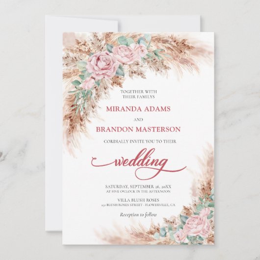Elegant Blush Roses Pampas Grass Floral Wedding 招待状 (正面)
