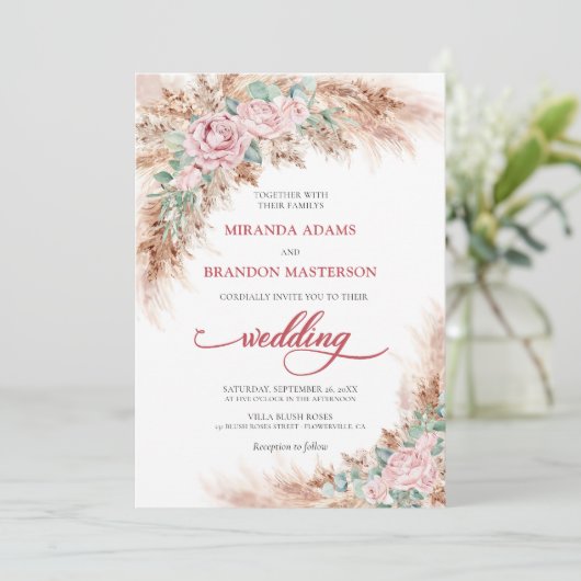 Elegant Blush Roses Pampas Grass Floral Wedding 招待状 (スタンド正面)