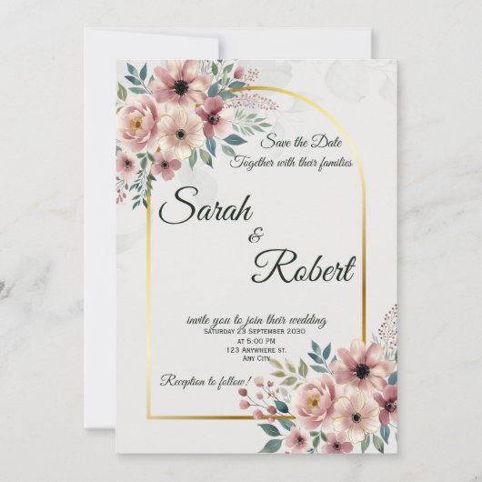 Elegant Blush Sage Wedding Save The Date Floral 招待状 (正面)
