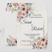 Elegant Blush Sage Wedding Save The Date Floral 招待状 (正面/裏面)