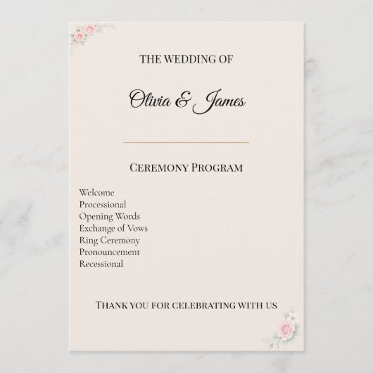 Elegant Blush Wedding Program Card プログラム (正面)
