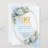 Elegant Bohemian Blue White Floral Gold 90th Bday 招待状 (正面)