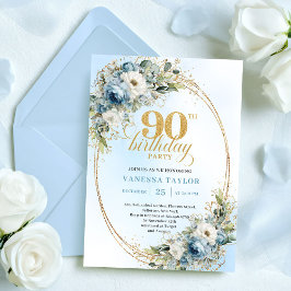 Elegant Bohemian Blue White Floral Gold 90th Bday 招待状
