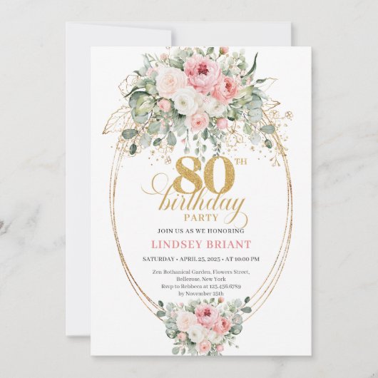 Elegant Bohemian Blush Roses 80th Birthday Invite 招待状 (正面)