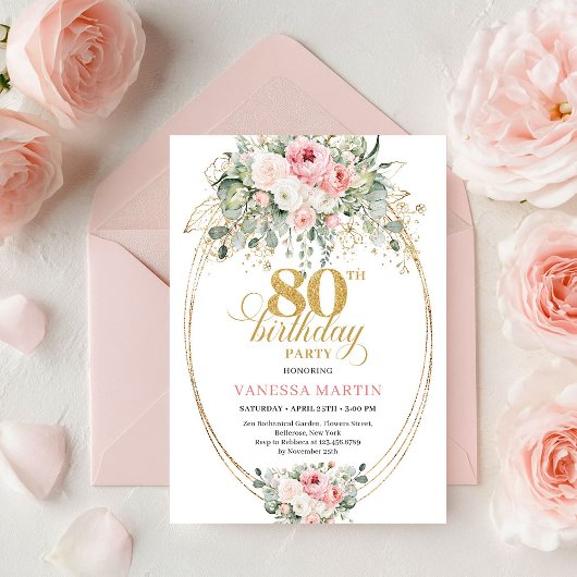 Elegant Bohemian Blush Roses 80th Birthday Invite 招待状