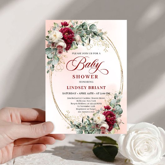 Elegant Bohemian Burgundy Eucalyptus Baby Shower 招待状