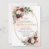 Elegant Bohemian Burgundy Floral Gold Quinceañera 招待状 (正面)